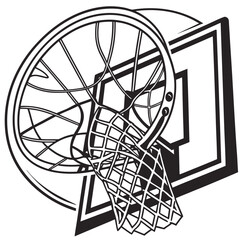 Black and white illustration of a basketball hoop and net sport game