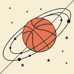 Basketball Planet with Orbiting Moons and Stars space