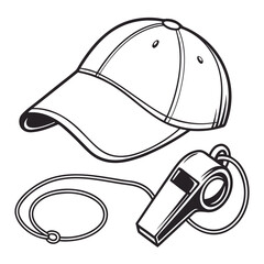 Black and white illustration of a baseball cap and a whistle sports