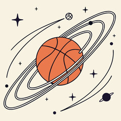 Basketball Planet with Rings Moons and Stars space orbit
