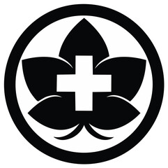 Obraz premium Herbal medicine symbol with a pharmacy cross and leaves. Simple round healthcare and wellness logo icon.