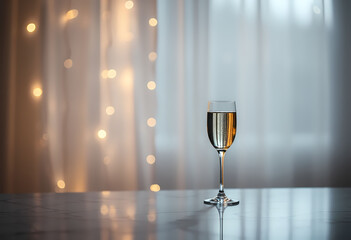 Champagne flute on marble table with bokeh lights in background