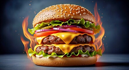 Delicious Beef Patty Burger with Dramatic Fire and Smoke Background