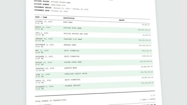 Bank transaction history statement with animated financial counter display progression