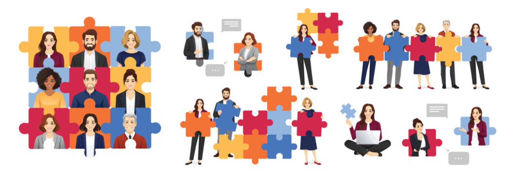 Set of diverse business characters people connecting puzzle pieces. Teamwork, collaboration, strategic planning, and problem solving. Isolated vector illustration