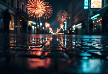 Night city street with fireworks and reflections on wet ground