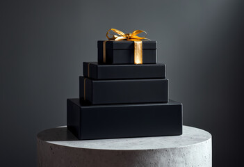 Stack of black gift boxes with gold ribbons on a concrete pedestal