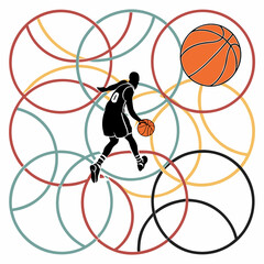 Basketball player dribbling with overlapping colorful rings Keywords: basketball, player