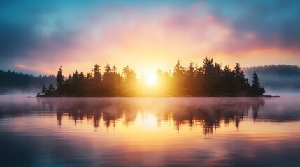 Fototapeta premium Tranquil Sunrise Over a Serene Lake with Island Surrounded by Lush Trees and Vibrant Colors of Nature