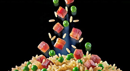 Risotto with Peas and Bacon Ingredients Falling on Black Background