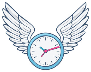 Flying clock illustration with wings and minute, hour hands showing time