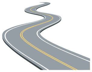 Winding Road Isolated on White, Asphalt Highway with Double Yellow Lines, Journey Concept