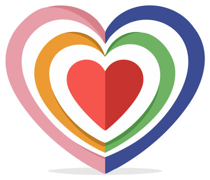 Stylized graphic of multiple vibrant colorful hearts nested together creating a layered three dimensional effect representing love and emotion