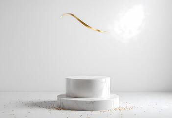 Marble pedestals with golden confetti and floating ribbon on white bac