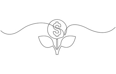 Money plant in One Continuous line drawing. Growing coin tree symbol, Financial growing concept vector art. Doodle line illustration.