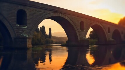 Fototapeta premium Old stone bridge over wide river at sunset – Suitable for scenic travel promotions, architecture portfolios, or nature photography.