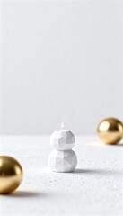 Tiny snow creature candle holder 3D minimal Christmas toy with gold accent on clean background