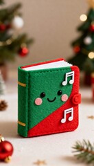 Small Christmas carol book with smiling face and music note cute minimal holiday toy green red cover