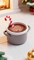 Mini pot of hot chocolate with candy cane stirrer cute minimal Christmas 3D toy on white floor