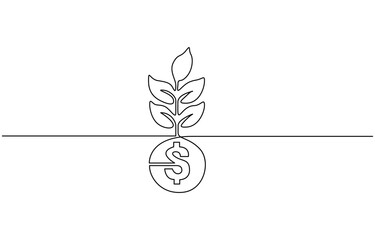 Money plant in One Continuous line drawing. Growing coin tree symbol, Financial growing concept vector art. Doodle line illustration.