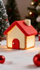 Cute glowing cookie house 3D art toy with red roof and cream wall in cozy Christmas style