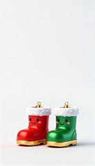 Small snow boots with happy faces minimal Christmas 3D toy festive colors wide blank space