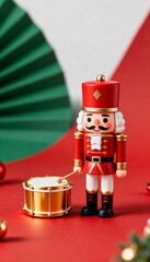 Tiny nutcracker toy smiling with gold drum beside, minimal cute 3D art, festive Christmas scene