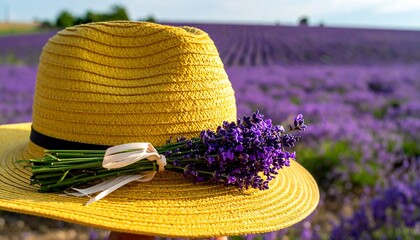 A woven, yellow hat with a black band is decorated by a lavender bouquet, positioned in front of a field of purple lavender rows