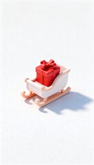 Mini sleigh carrying a single red gift, cute 3D toy style, minimal Christmas decoration on white background