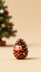 Tiny pine cone creature with red bow tie adorable minimal 3D Christmas toy on warm beige background
