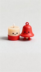 Mini candle and bell duo smiling cute minimal 3D art toy on red and beige simple background