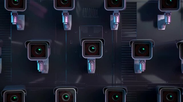 A dense array of modern surveillance cameras mounted on a wall, symbolizing mass observation and security.