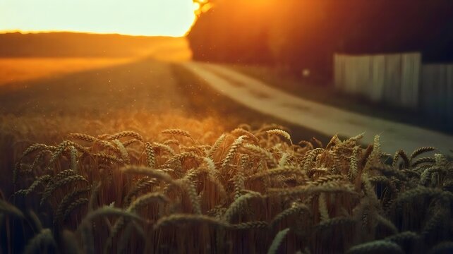 Wheat field with dirt path under warm sunset light – Ideal for rural travel photography, nature backdrops, or countryside campaigns.