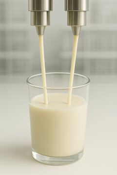 Clean soy milk beverage filling glass from parallel nozzle machine. precise pouring process in modern food production factory for healthy plant based drink
