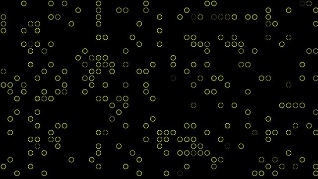 Animation minimalist abstract pattern of yellow glowing circles scattered on a black background. futuristic digital motion.