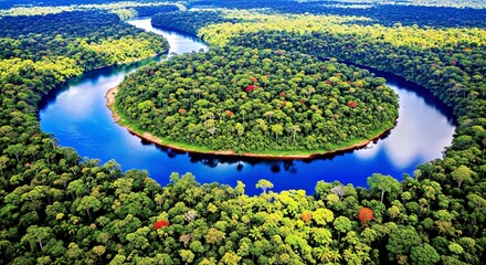 Wide, Scenic River Flowing Through the Lush Amazon Jungle and Rainforest