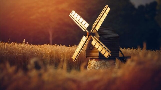 Old windmill in golden field under sunset sky – Ideal for countryside tourism campaigns, landscape prints, or heritage imagery.