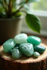 Smooth polished green stones, showing diverse shades, rest on a rustic wood slice, vertical composition. A soft focus background with a vibrant houseplant creates a calming and organic atmosphere.