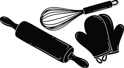 Baking tools icons with rolling pin whisk and oven mitts design