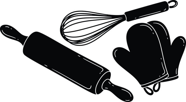 Baking tools icons with rolling pin whisk and oven mitts design