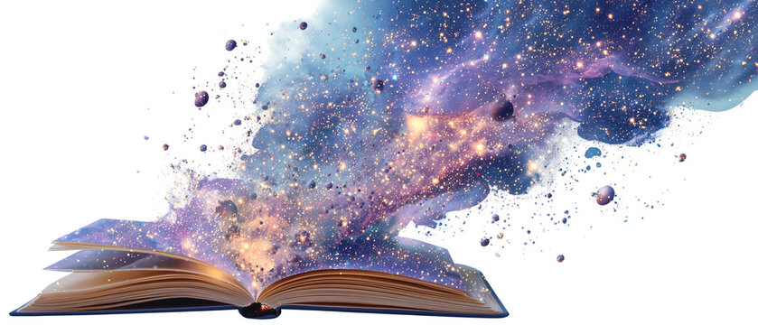 galaxy exploding from open book isolated over white (transparent) background; concept of learning, power of reading