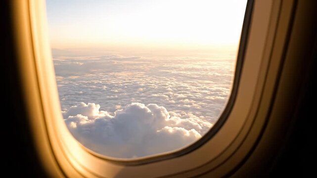 Beautiful sunrise view from airplane window. Soft clouds form a stunning landscape. Tranquil atmosphere evokes feelings of travel and adventure.