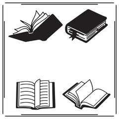Set of Black Silhouetted Books - Open and Closed Book Illustrations, Vector Icons for Reading, Education, Knowledge, Library, and Bookstore
