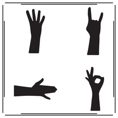 Set of Black Silhouetted Hands Showing Different Gestures - Peace Sign, Rock On, OK Sign, Hand Counting - Vector Icon Collection for Sign Language, Communication