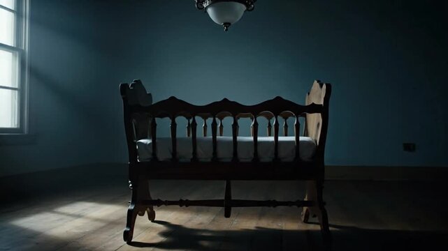 A vintage wooden baby crib stands empty in a dimly lit room with sunlight streaming through a window.