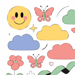Whimsical Retro Sticker Set with Smiley Face Butterflies and Clouds.