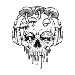 Melting Skull with Headphones and Mushrooms – Surreal Black and White Psychedelic Line Art