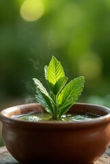 Vibrant green herbs emerge from steaming liquid in an earthy brown pot, backlit by natural light, vertical composition. The soft steam and blurred green bokeh create a fresh, tranquil composition.