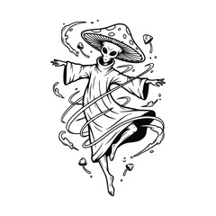 Floating Alien-Mushroom Mystic – Surreal Black and White Fantasy Line Art