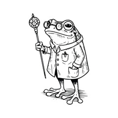 Scientist Frog with Magical Staff – Surreal Black and White Fantasy Line Art